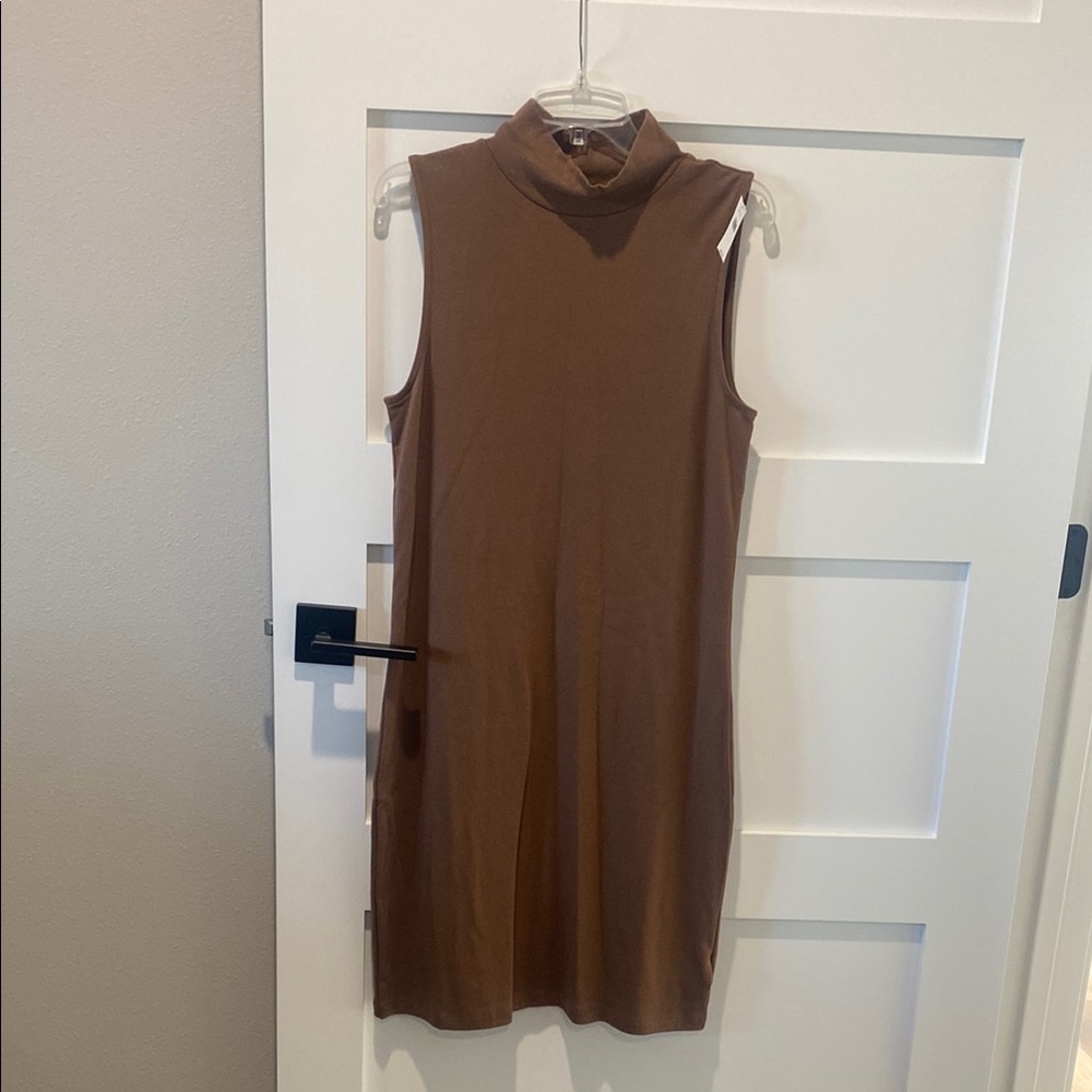 Brown Sleeveless Mock Neck Sheath Mini Dress